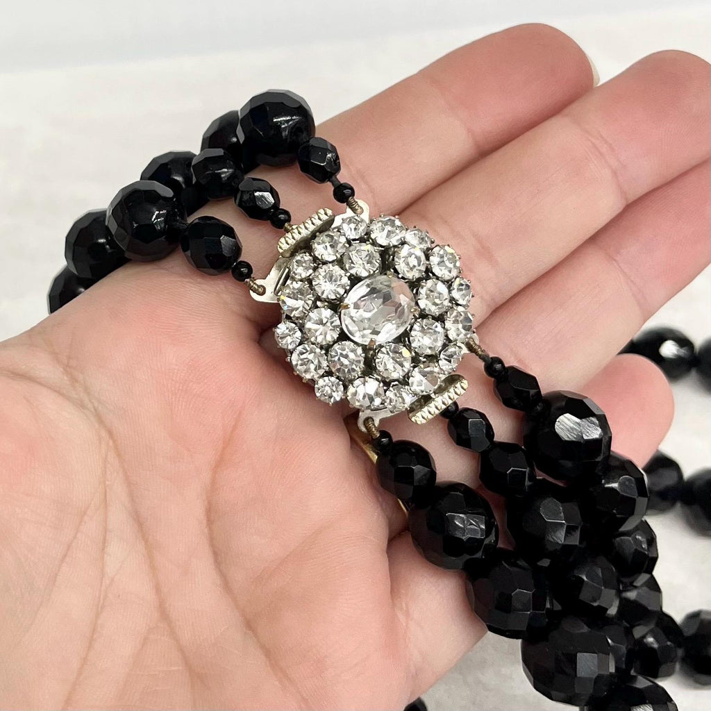 Three Strand Black Crystal Bead Necklace : Vintage Czech Firepolished Crystal Beads in a Waterfall Design with an Ornate Clasp MillyOliverVintage