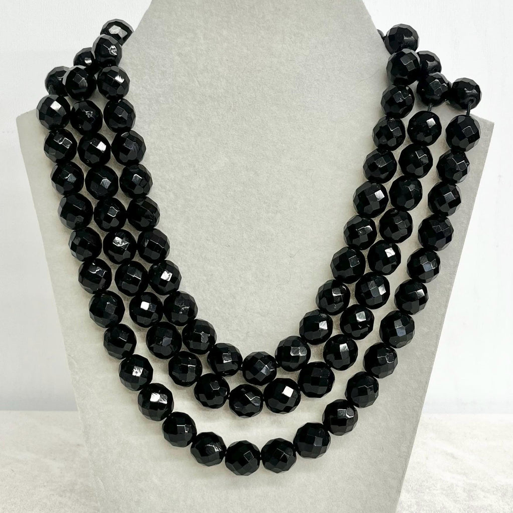 Three Strand Black Crystal Bead Necklace : Vintage Czech Firepolished Crystal Beads in a Waterfall Design with an Ornate Clasp MillyOliverVintage