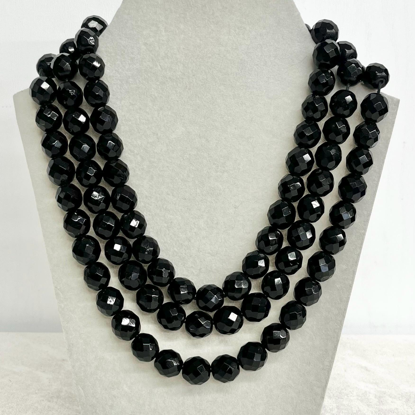 Three Strand Black Crystal Bead Necklace : Vintage Czech Firepolished Crystal Beads in a Waterfall Design with an Ornate Clasp MillyOliverVintage