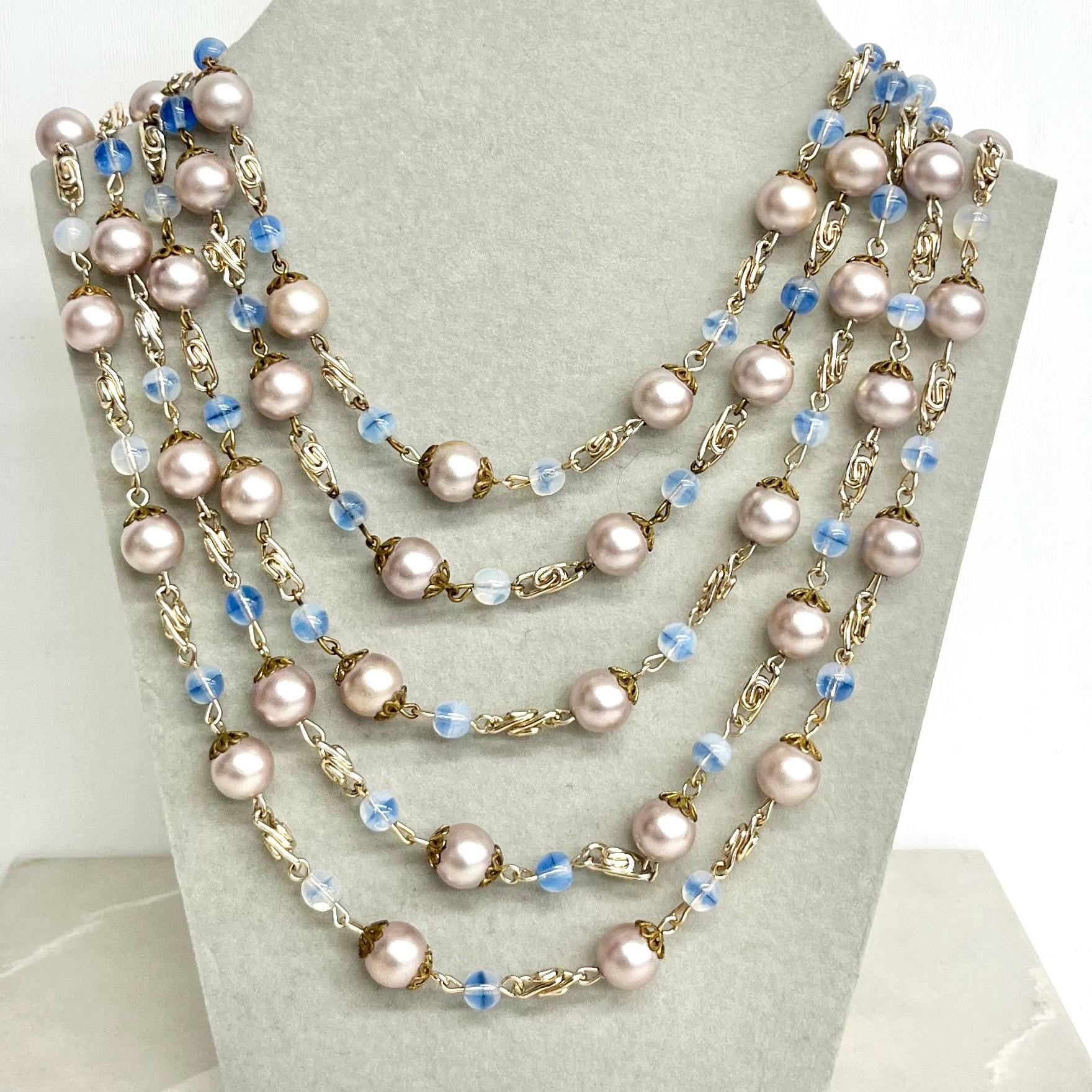 Multi Strand Blue Bead and Glass Pearl Necklace : Vintage Graduated Five Strands Necklace MillyOliverVintage