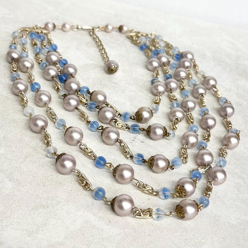 Multi Strand Blue Bead and Glass Pearl Necklace : Vintage Graduated Five Strands Necklace MillyOliverVintage