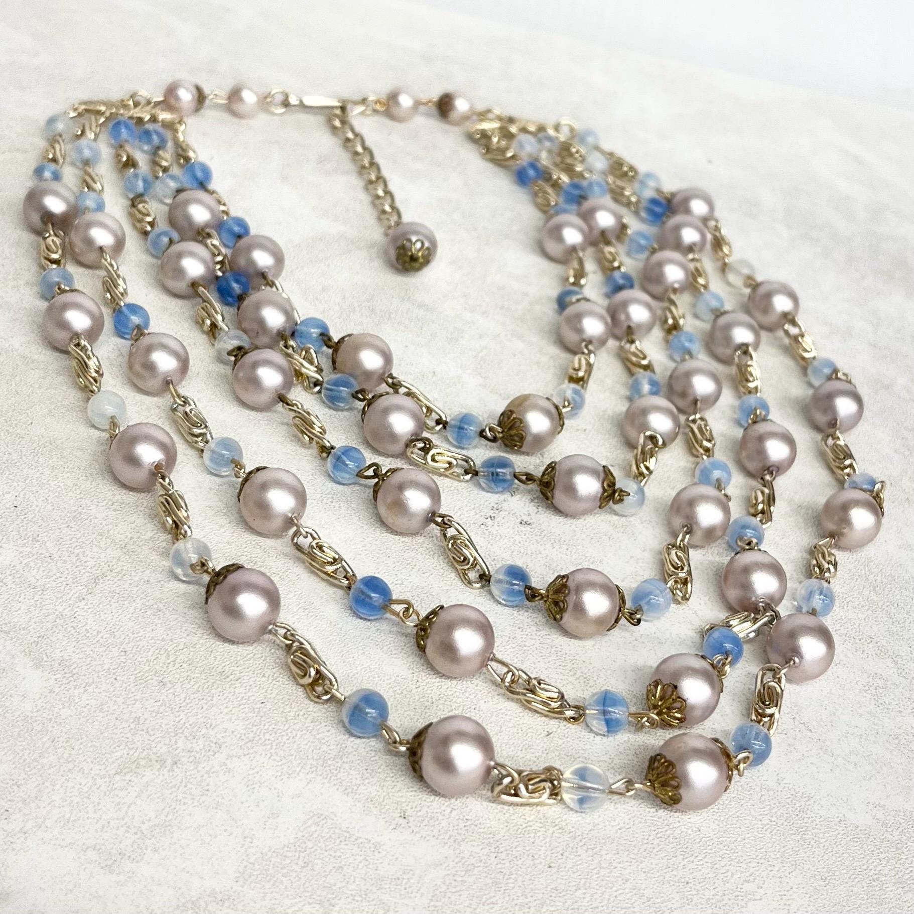 Multi Strand Blue Bead and Glass Pearl Necklace : Vintage Graduated Five Strands Necklace MillyOliverVintage