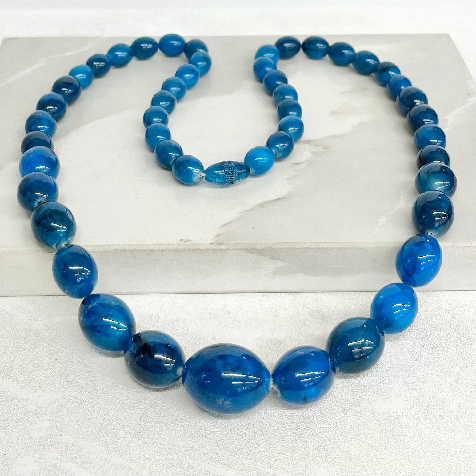Turquoise Blue Early Plastic Chunky Beaded Necklace : Vintage Graduated Beads 28” Long with a Plastic Barrel Clasp MillyOliverVintage