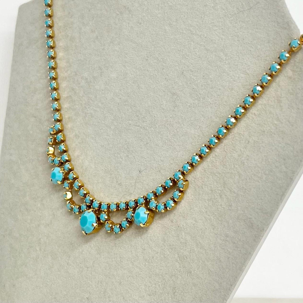 Turquoise Diamante Crystal Necklace : Vintage 1970s Blue Droplet Design in a Gold Tone Setting 15.5” Long MillyOliverVintage