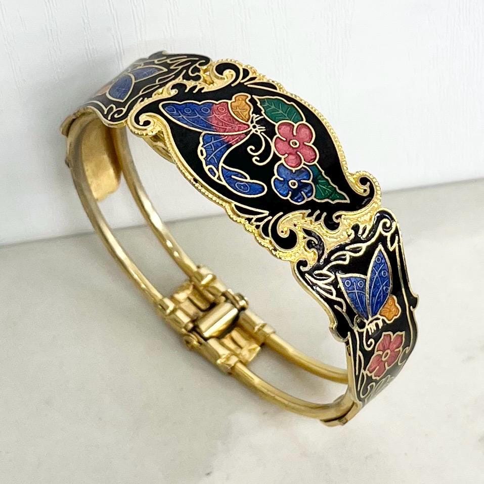 Floral Butterfly Cloisonne Enamelled Wide Bangle : Vintage Gold Tone Jewellery with Bright Colours on a Black Base MillyOliverVintage
