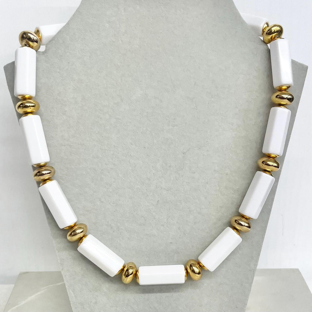 Chunky White Acrylic Bead Necklace : Vintage with Long Hexagonal Beads and Gold Tone Accents 19” Long MillyOliverVintage