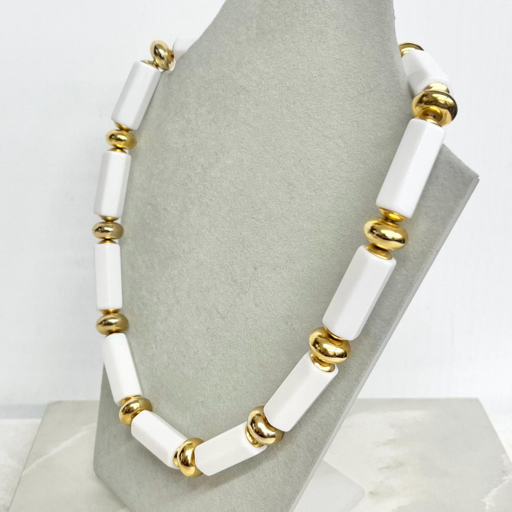 Chunky White Acrylic Bead Necklace : Vintage with Long Hexagonal Beads and Gold Tone Accents 19” Long MillyOliverVintage