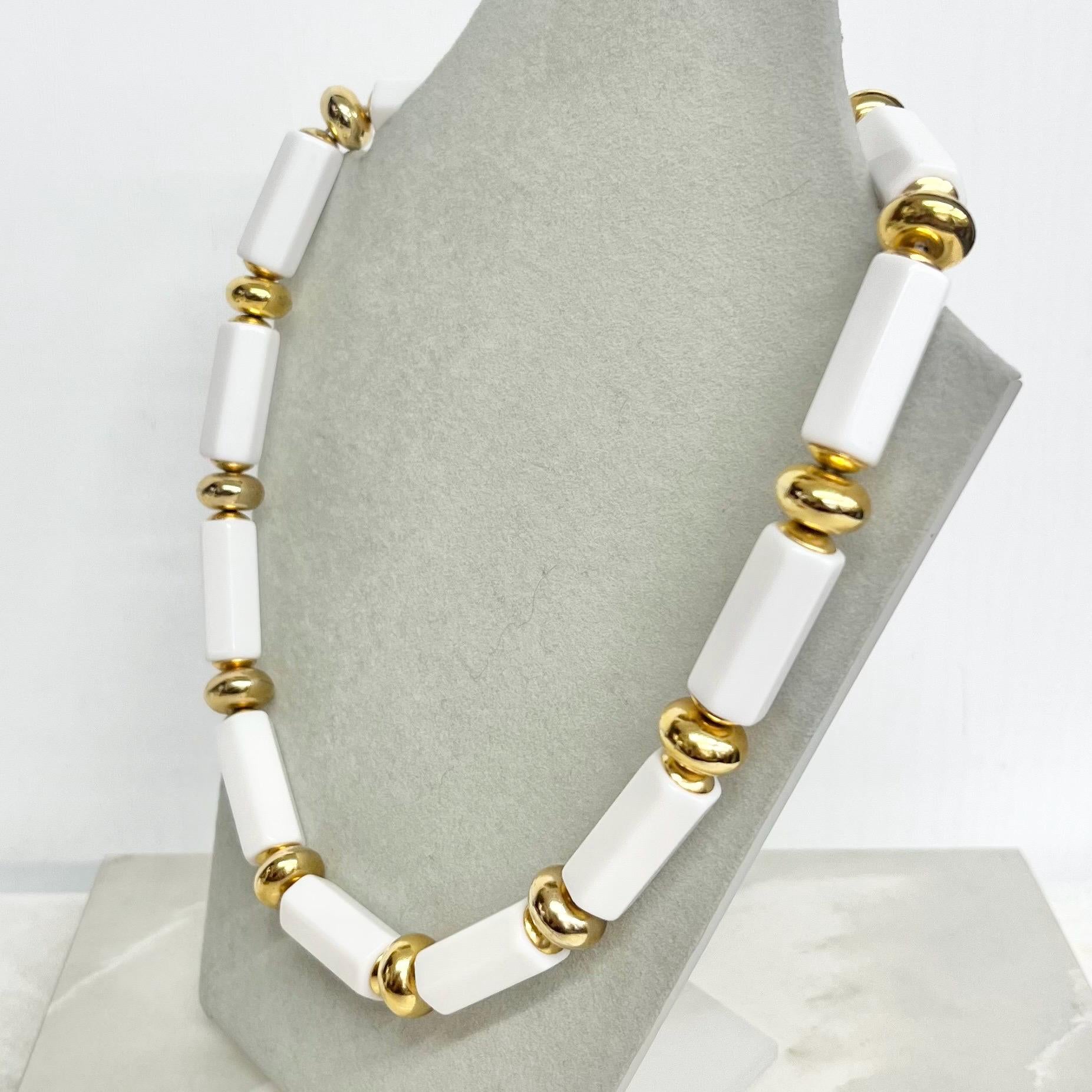 Chunky White Acrylic Bead Necklace : Vintage with Long Hexagonal Beads and Gold Tone Accents 19” Long MillyOliverVintage
