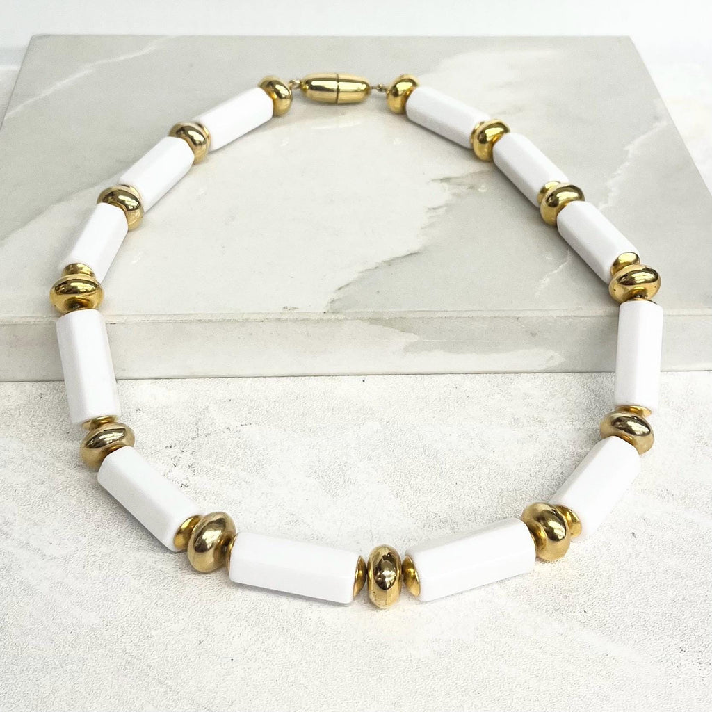 Chunky White Acrylic Bead Necklace : Vintage with Long Hexagonal Beads and Gold Tone Accents 19” Long MillyOliverVintage