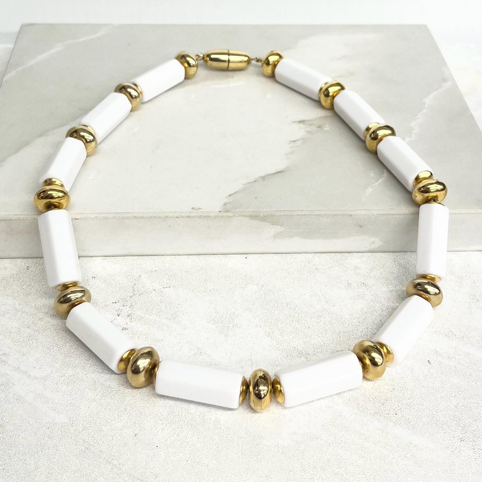 Chunky White Acrylic Bead Necklace : Vintage with Long Hexagonal Beads and Gold Tone Accents 19” Long MillyOliverVintage