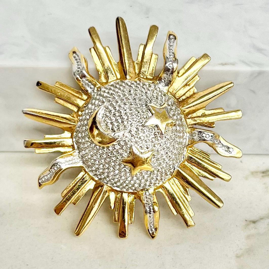 Gold Silver Star Moon and Sun Brooch : Vintage Costume Jewellery MillyOliverVintage