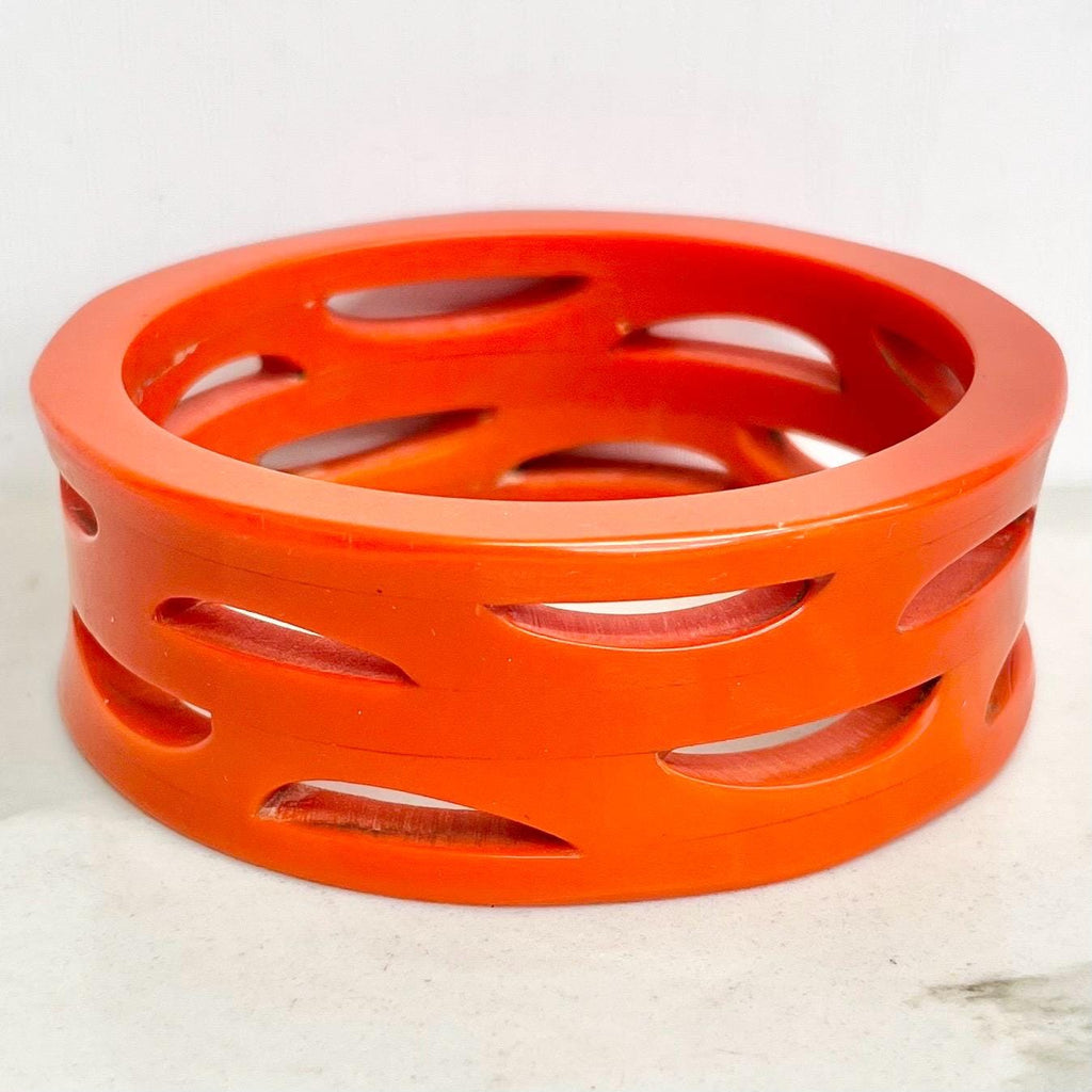 Orange Bakelite Bangle : Chunky Vintage Design with Crescent Shaped Cutout Details Costume Jewellery MillyOliverVintage