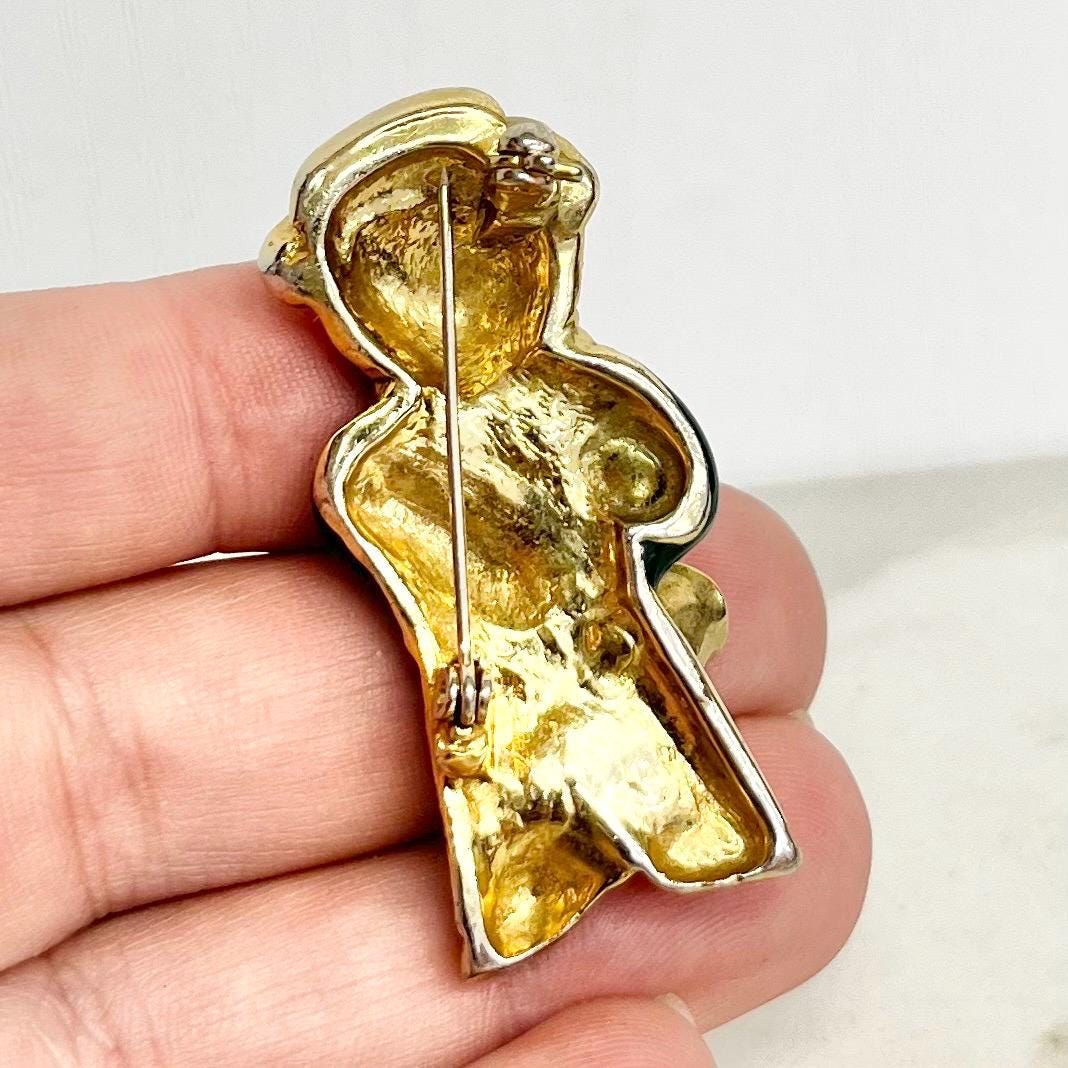 Teddy Bear Brooch : Vintage Saxophone Bear with Green Enamels and Sparkling Crystal Rhinestones MillyOliverVintage