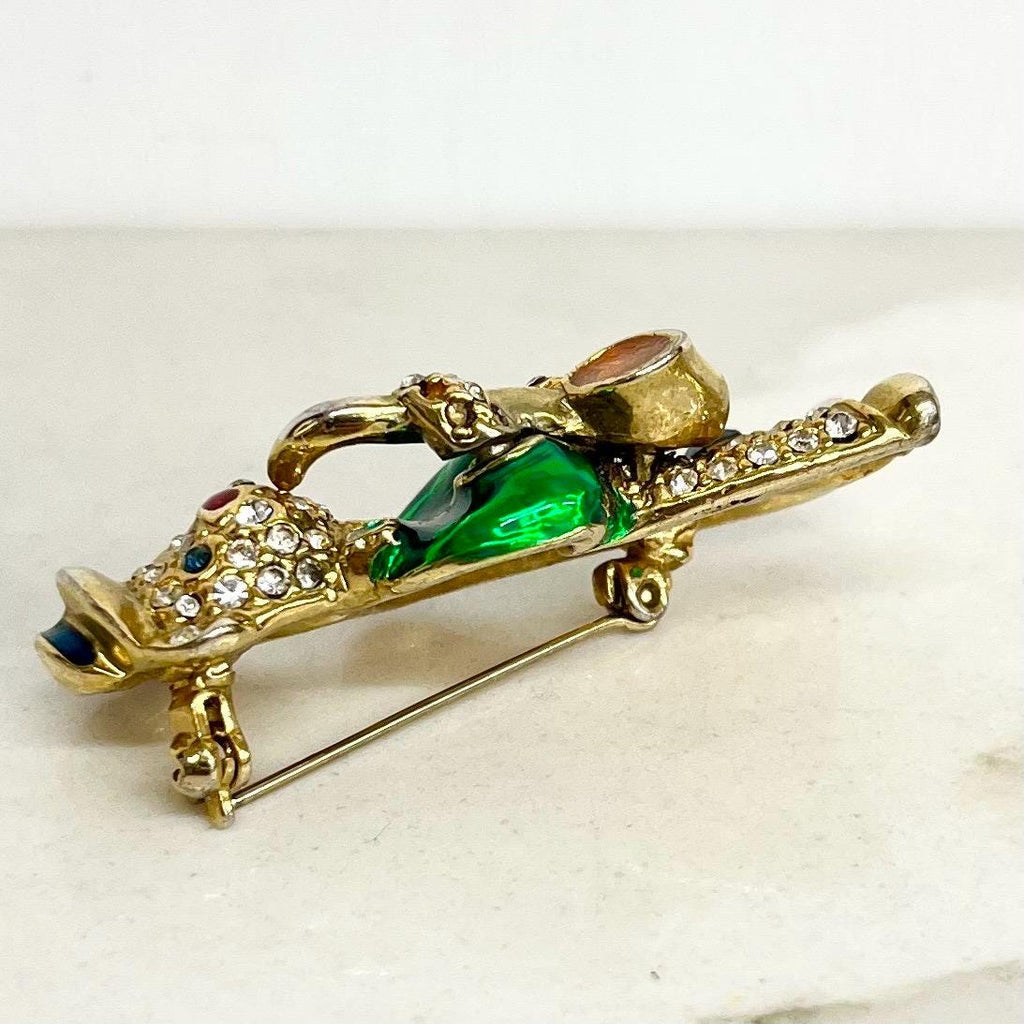 Teddy Bear Brooch : Vintage Saxophone Bear with Green Enamels and Sparkling Crystal Rhinestones MillyOliverVintage