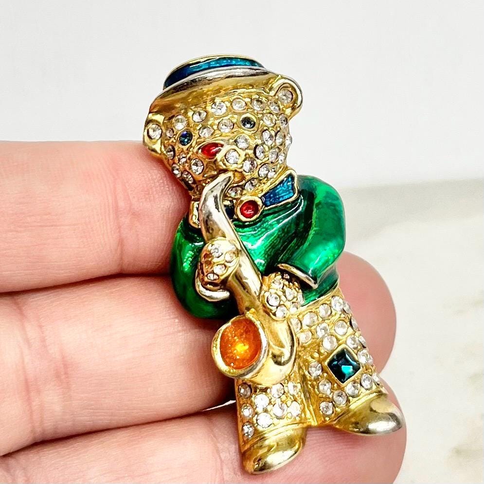Teddy Bear Brooch : Vintage Saxophone Bear with Green Enamels and Sparkling Crystal Rhinestones MillyOliverVintage