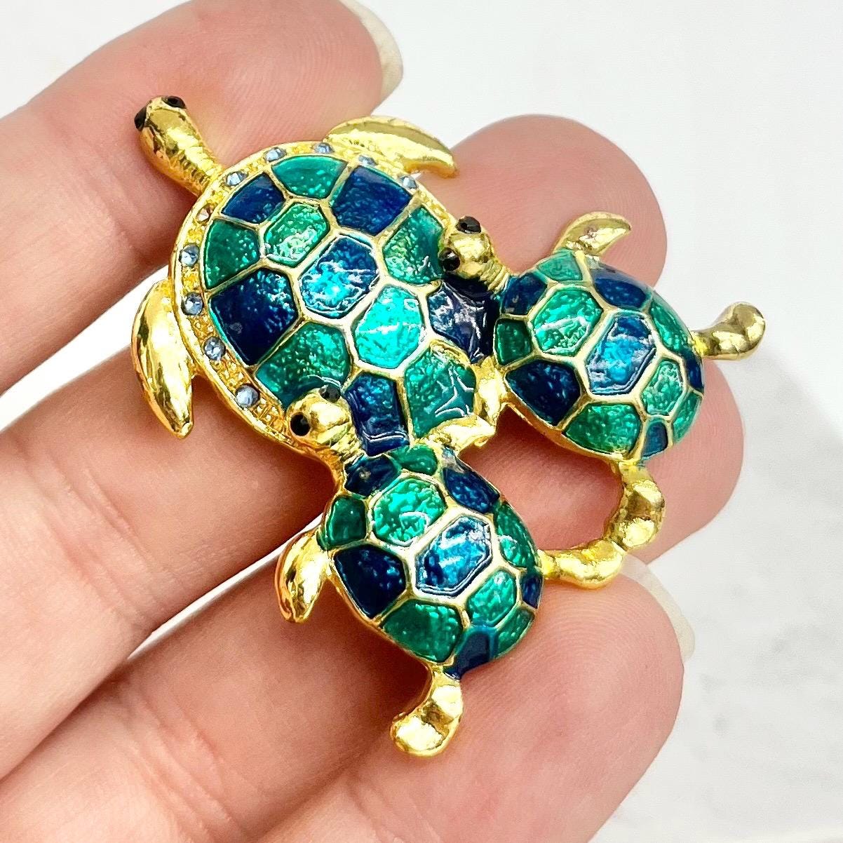 Green Turtle Brooch : Three Turtles with Green / Teal Enamels and Sparkling Crystal Rhinestone Accents in a Gold Tone Alloy MillyOliverVintage