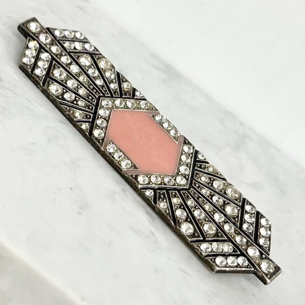 Art Deco Pink Enamelled Rhinestone Brooch : Vintage Pierre Bex Style with a Trombone Clasp MillyOliverVintage