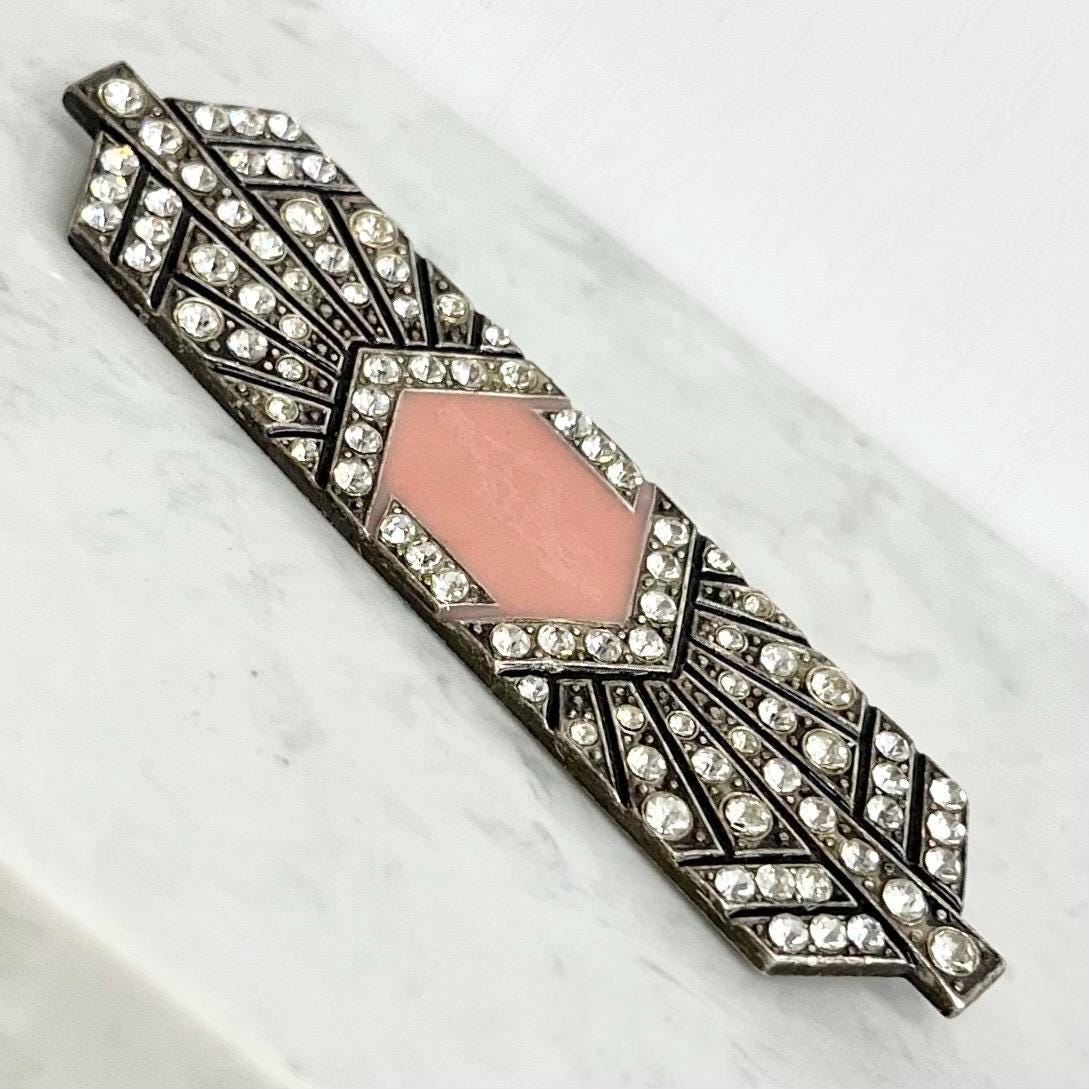 Art Deco Pink Enamelled Rhinestone Brooch : Vintage Pierre Bex Style with a Trombone Clasp MillyOliverVintage