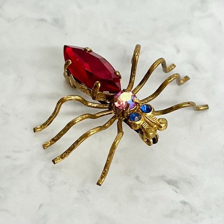 Art Deco Spider Brooch : Vintage Insect Brooch with Czech Crystal Rhinestone Accents in Red Pink and Blue MillyOliverVintage
