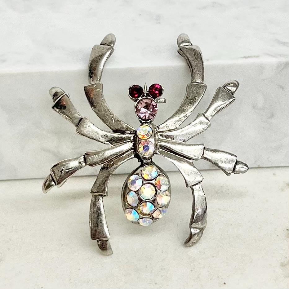 Spider Brooch : Vintage Insect Brooch with Czech Crystal Rhinestone Accents in Red Pink and Aurora Borealis in a Silver Tone Setting MillyOliverVintage