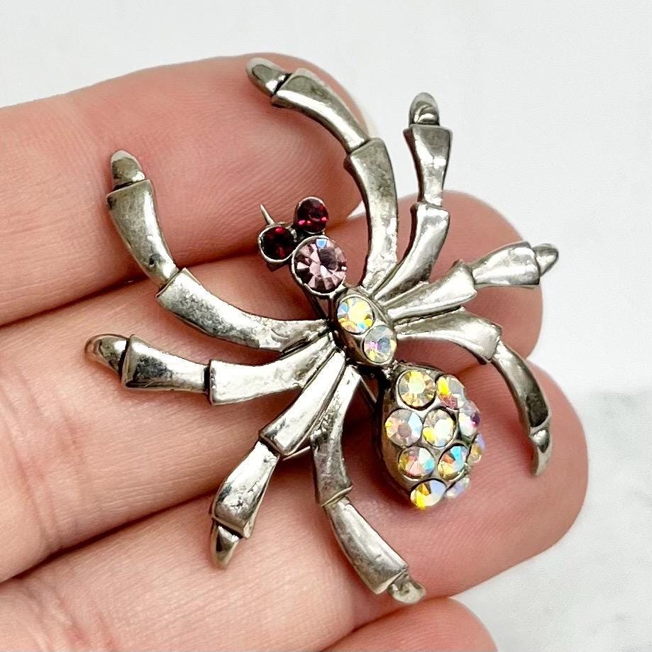 Spider Brooch : Vintage Insect Brooch with Czech Crystal Rhinestone Accents in Red Pink and Aurora Borealis in a Silver Tone Setting MillyOliverVintage