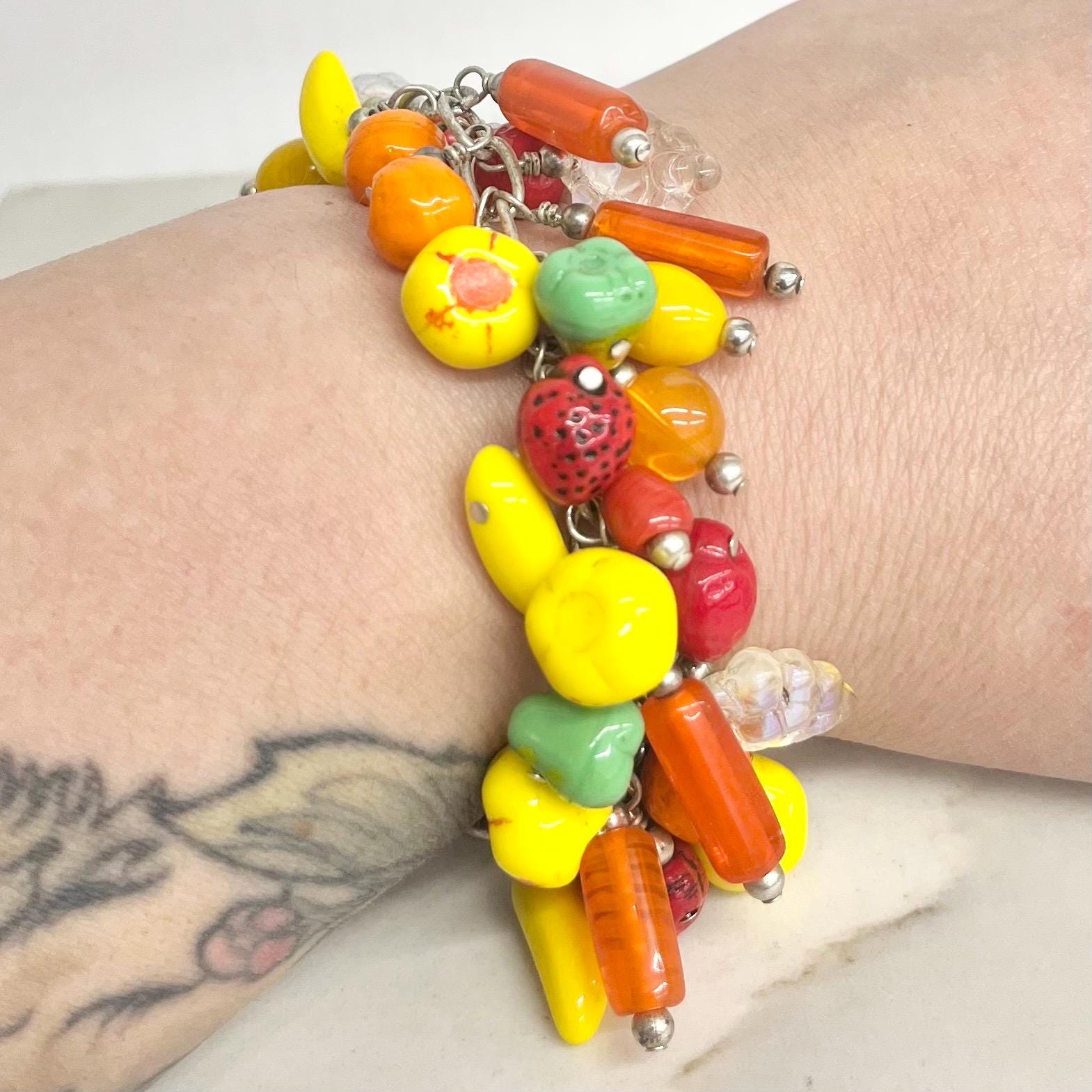 Tutti Fruity Glass Bead Charm Bracelet : Vintage Fruit Beaded Design with a Toggle Clasp MillyOliverVintage