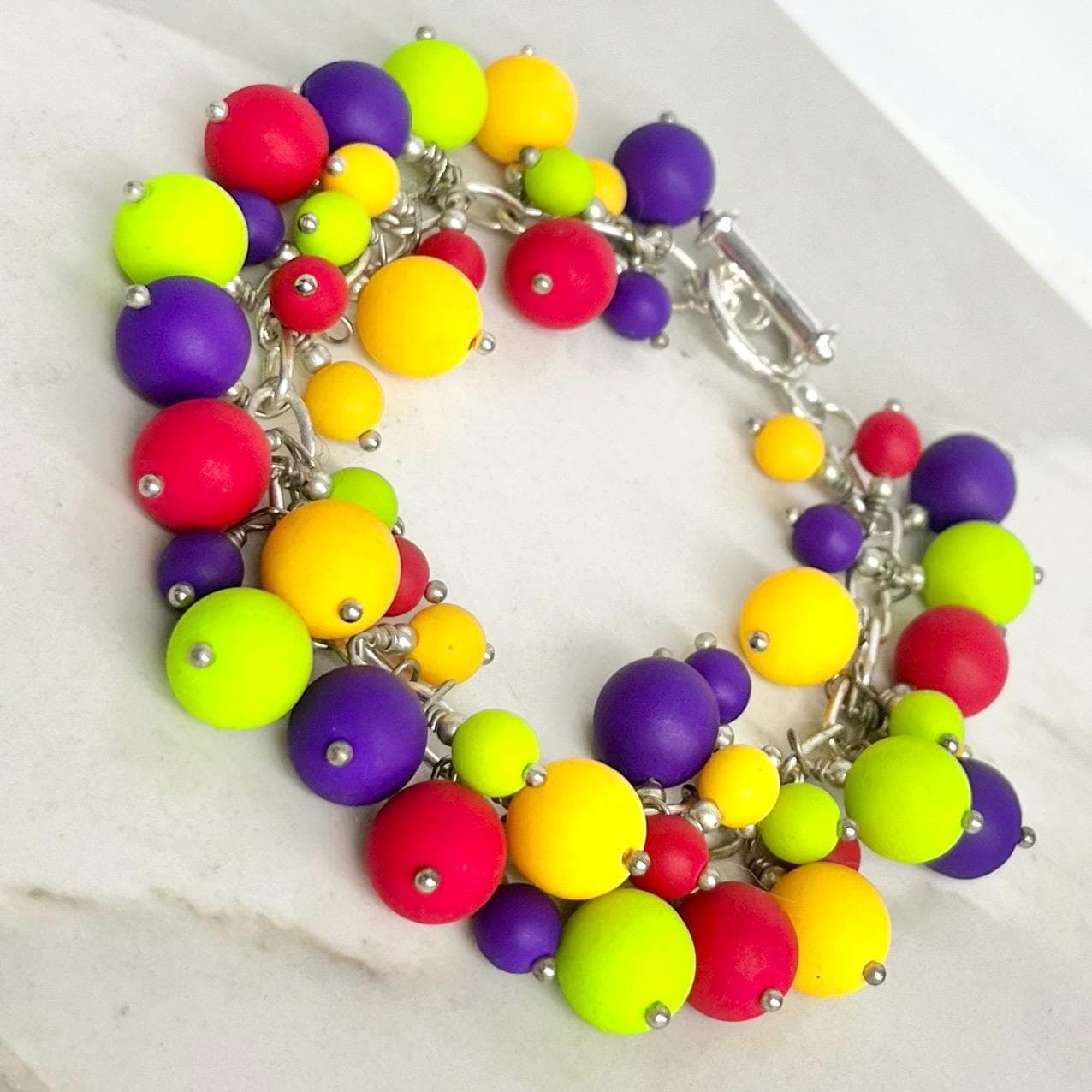 Neon Czech Glass Bead Charm Bracelet : Vintage Multi Coloured Beaded Design with a Toggle Clasp 7” Long MillyOliverVintage