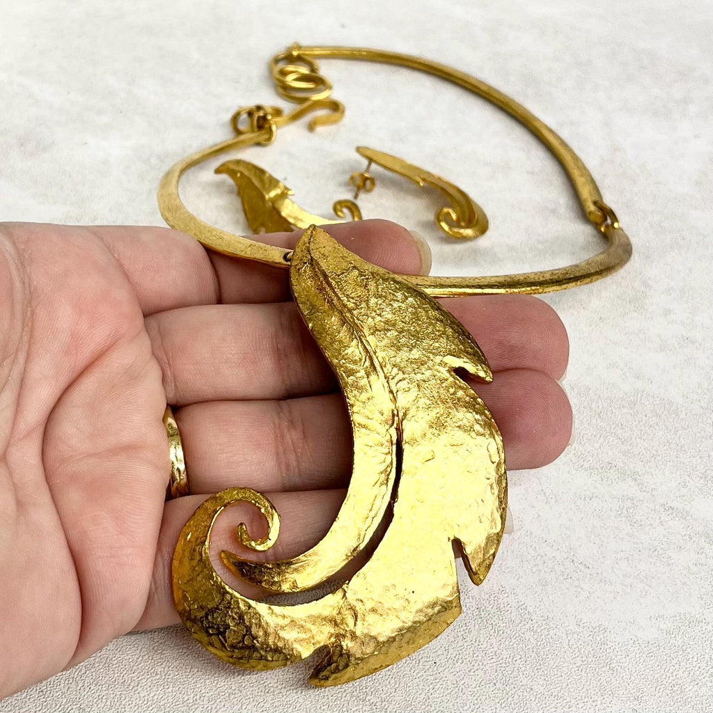 Delphine Nardin Statement Necklace and Earrings Set : 1990’s Designer Artisan Collar Necklace with a Large Leaf Pendant Chunky Gold Tone MillyOliverVintage