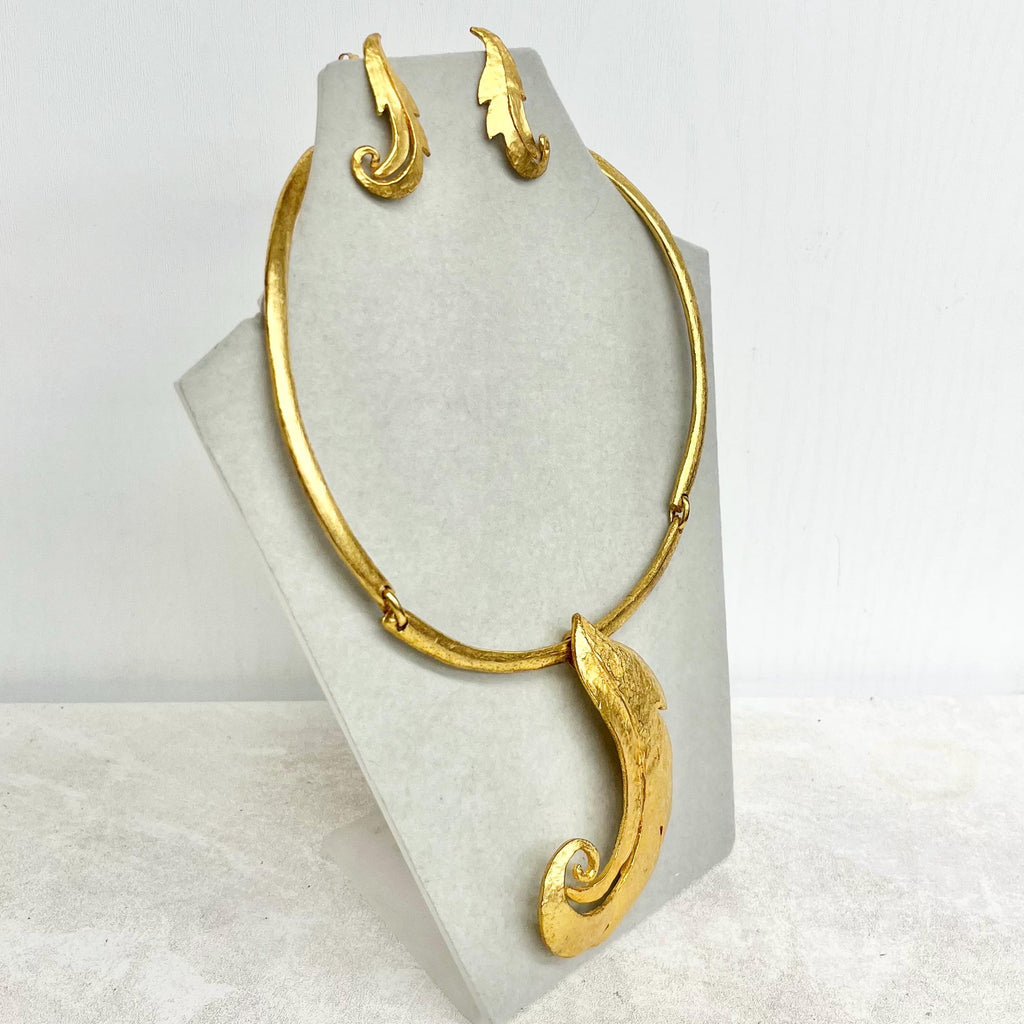 Delphine Nardin Statement Necklace and Earrings Set : 1990’s Designer Artisan Collar Necklace with a Large Leaf Pendant Chunky Gold Tone MillyOliverVintage