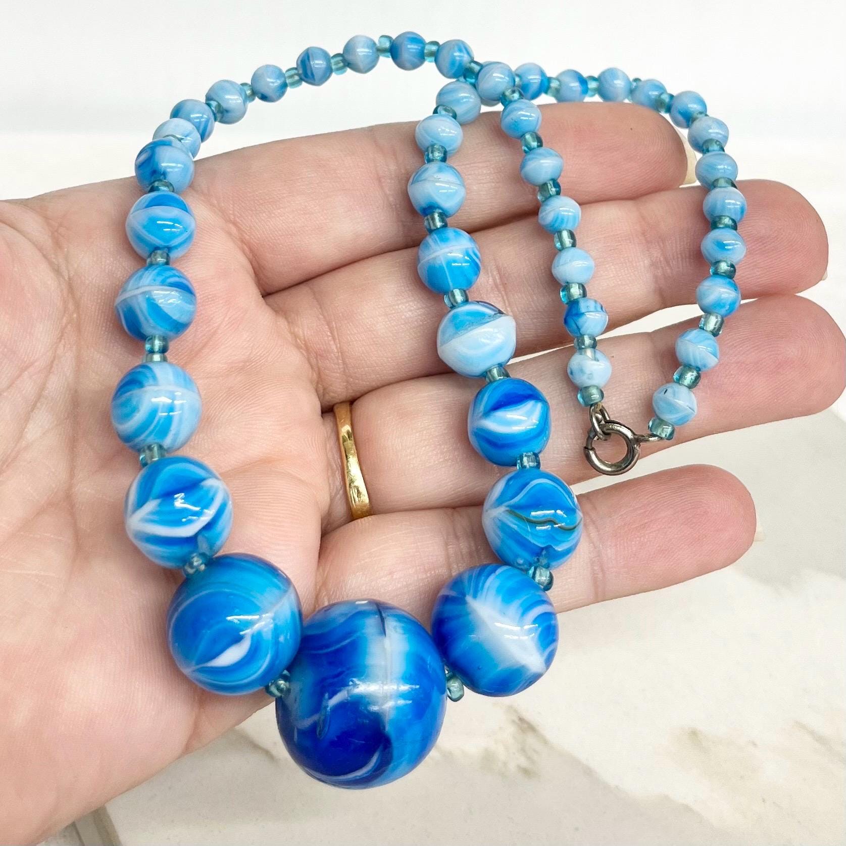 Vintage Art Deco Blue Swirl Graduated Glass Bead Necklace 17” Long MillyOliverVintage