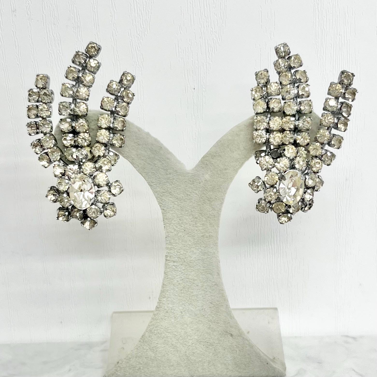 Vintage Floral Spray Clear Crystal Paste Clip On Earrings in a Silver Tone Setting MillyOliverVintage