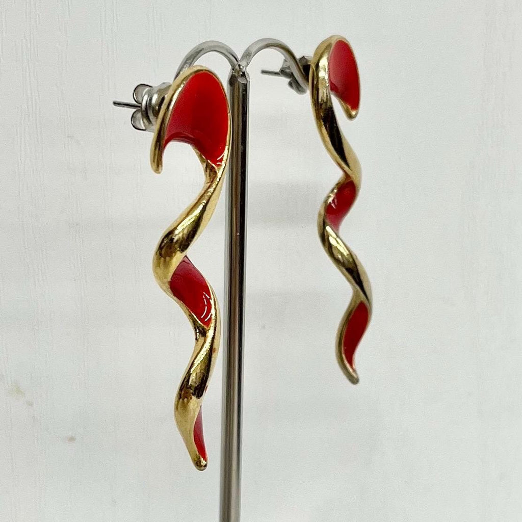 Vintage 1980’s Red Enamel Long Spiral Earrings in a Gold Plate Setting : for Pierced Ears MillyOliverVintage