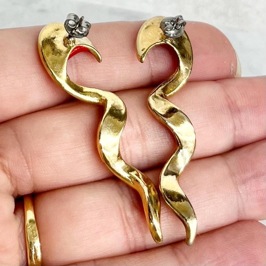 Vintage 1980’s Red Enamel Long Spiral Earrings in a Gold Plate Setting : for Pierced Ears MillyOliverVintage