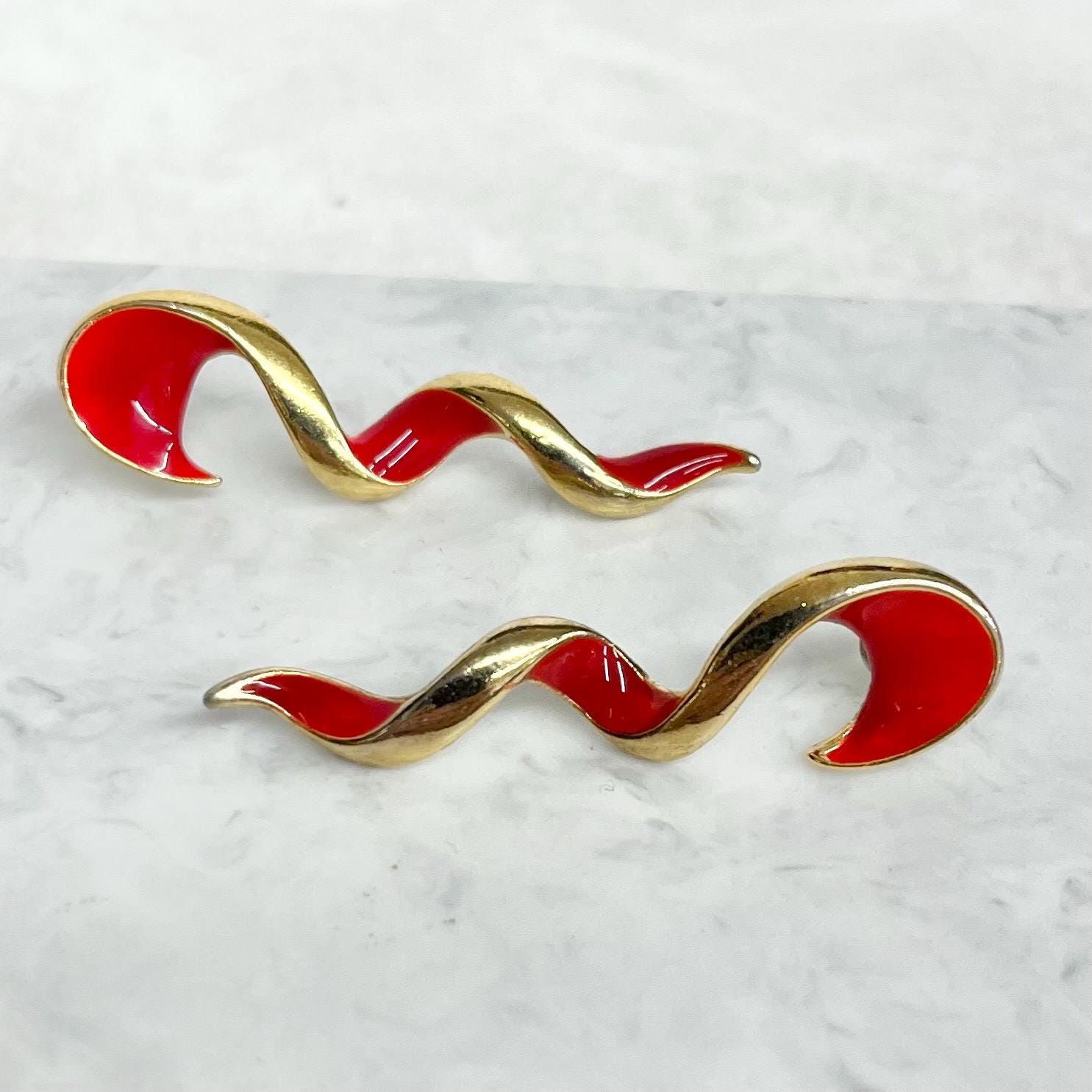 Vintage 1980’s Red Enamel Long Spiral Earrings in a Gold Plate Setting : for Pierced Ears MillyOliverVintage