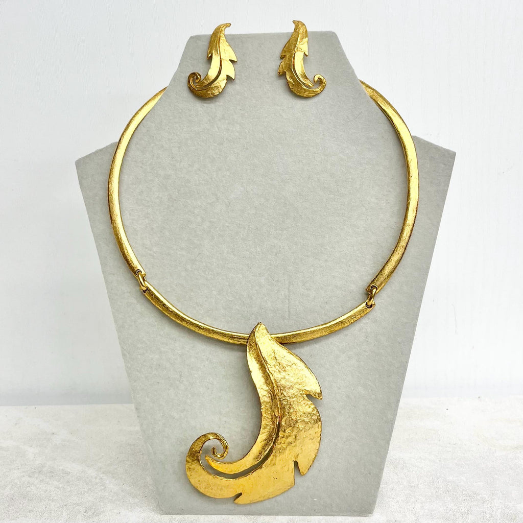 Delphine Nardin Statement Necklace and Earrings Set : 1990’s Designer Artisan Collar Necklace with a Large Leaf Pendant Chunky Gold Tone MillyOliverVintage