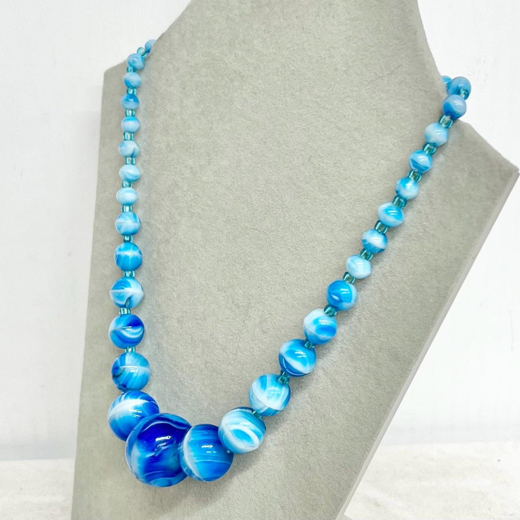 Vintage Art Deco Blue Swirl Graduated Glass Bead Necklace 17” Long MillyOliverVintage