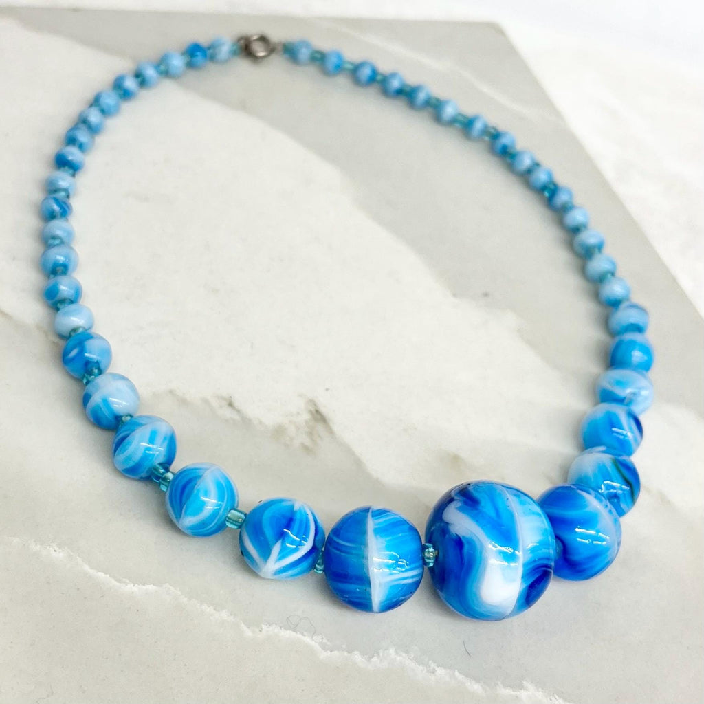 Vintage Art Deco Blue Swirl Graduated Glass Bead Necklace 17” Long MillyOliverVintage