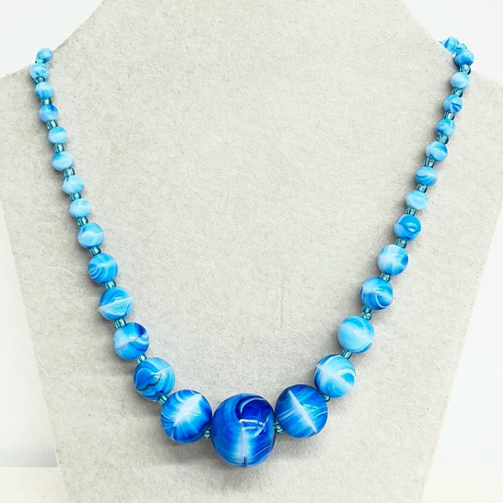 Vintage Art Deco Blue Swirl Graduated Glass Bead Necklace 17” Long MillyOliverVintage