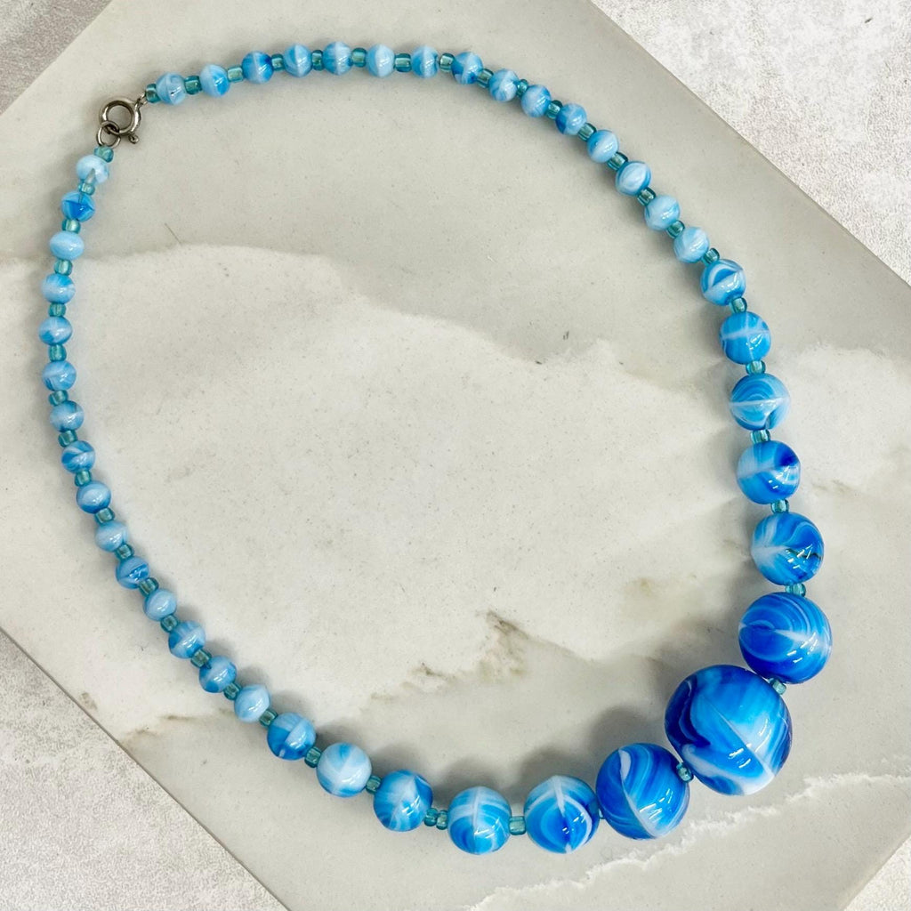 Vintage Art Deco Blue Swirl Graduated Glass Bead Necklace 17” Long MillyOliverVintage