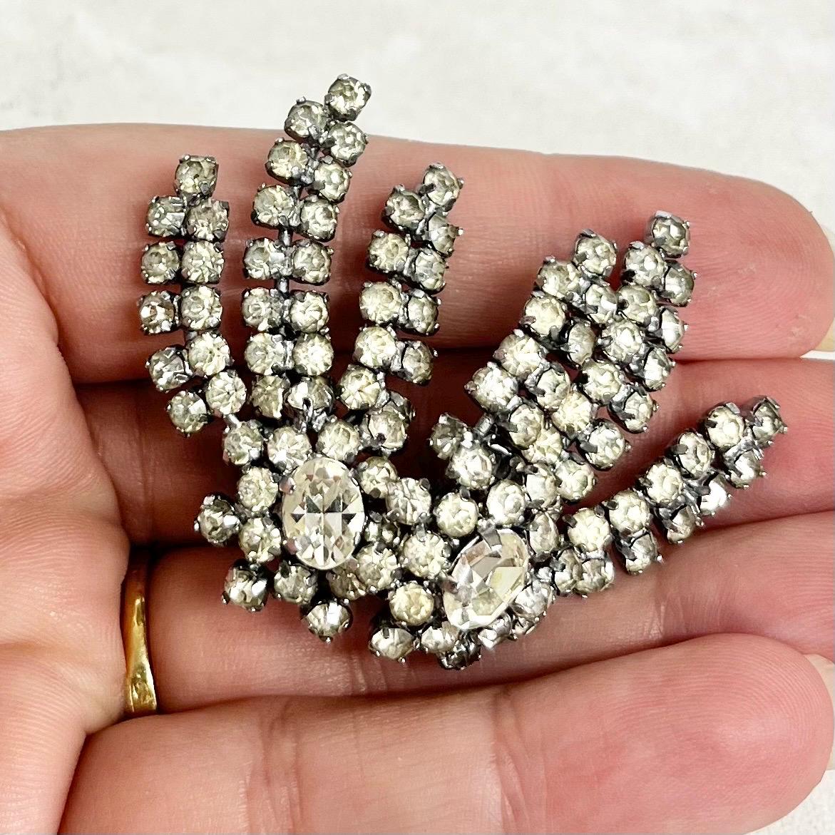 Vintage Floral Spray Clear Crystal Paste Clip On Earrings in a Silver Tone Setting MillyOliverVintage