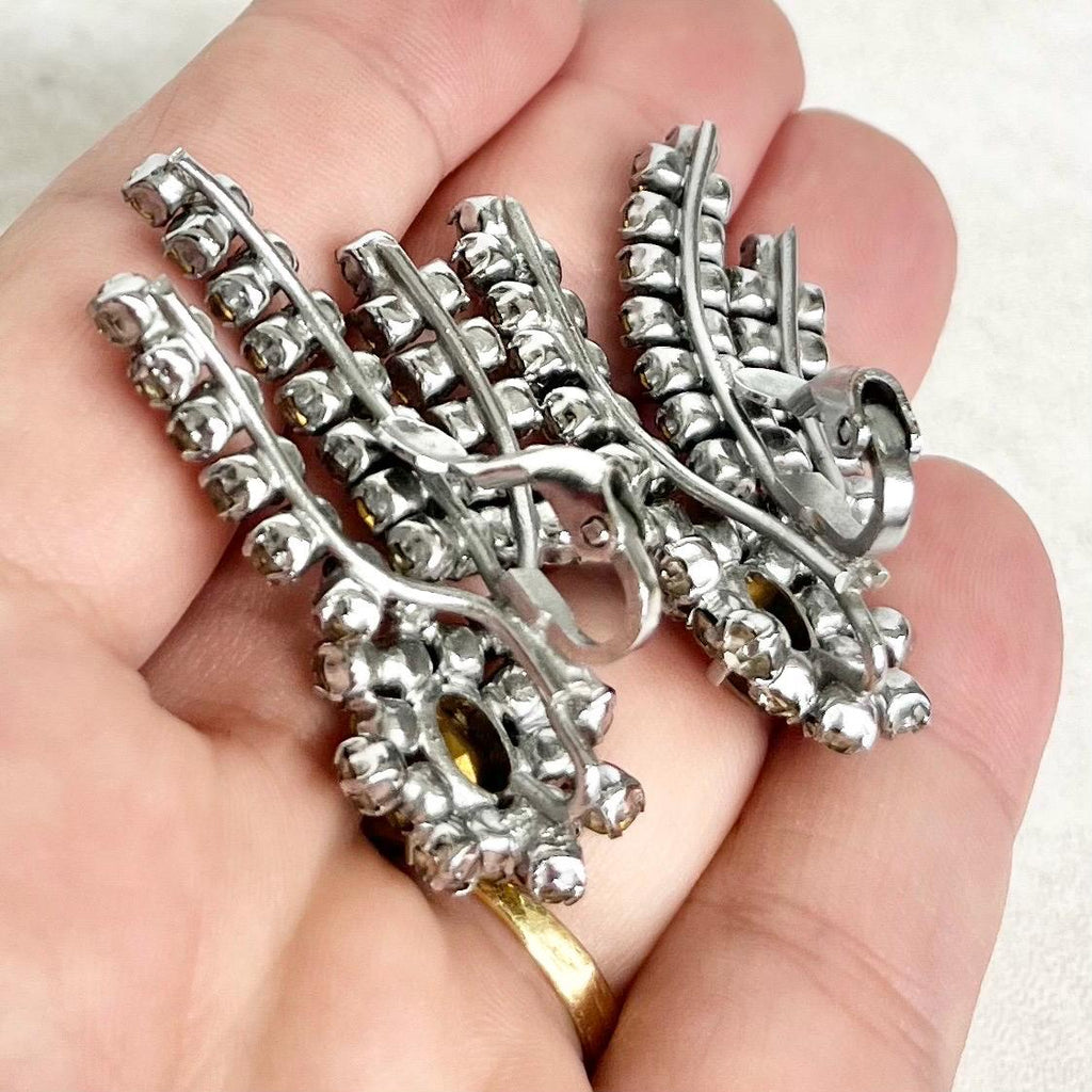 Vintage Floral Spray Clear Crystal Paste Clip On Earrings in a Silver Tone Setting MillyOliverVintage