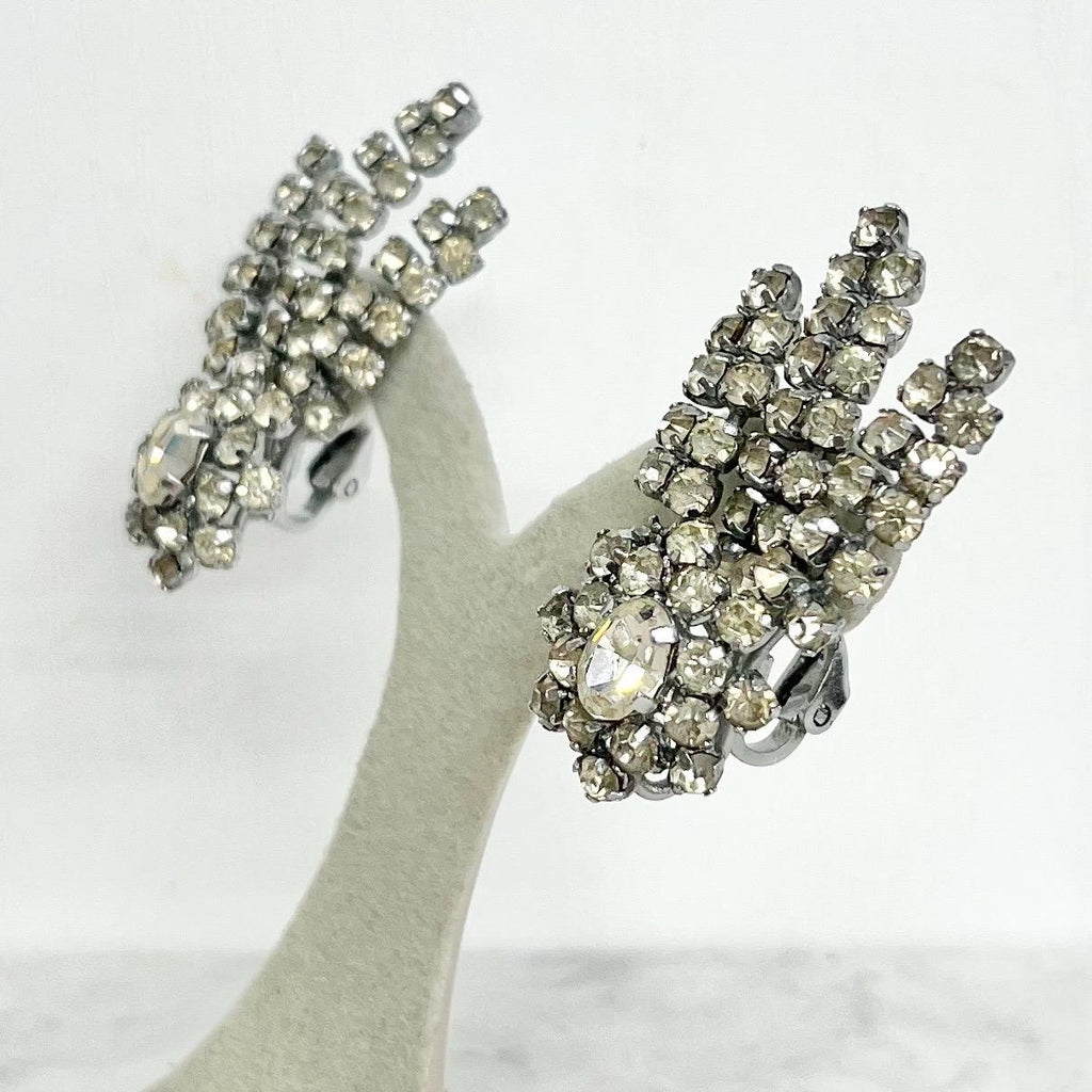 Vintage Floral Spray Clear Crystal Paste Clip On Earrings in a Silver Tone Setting MillyOliverVintage