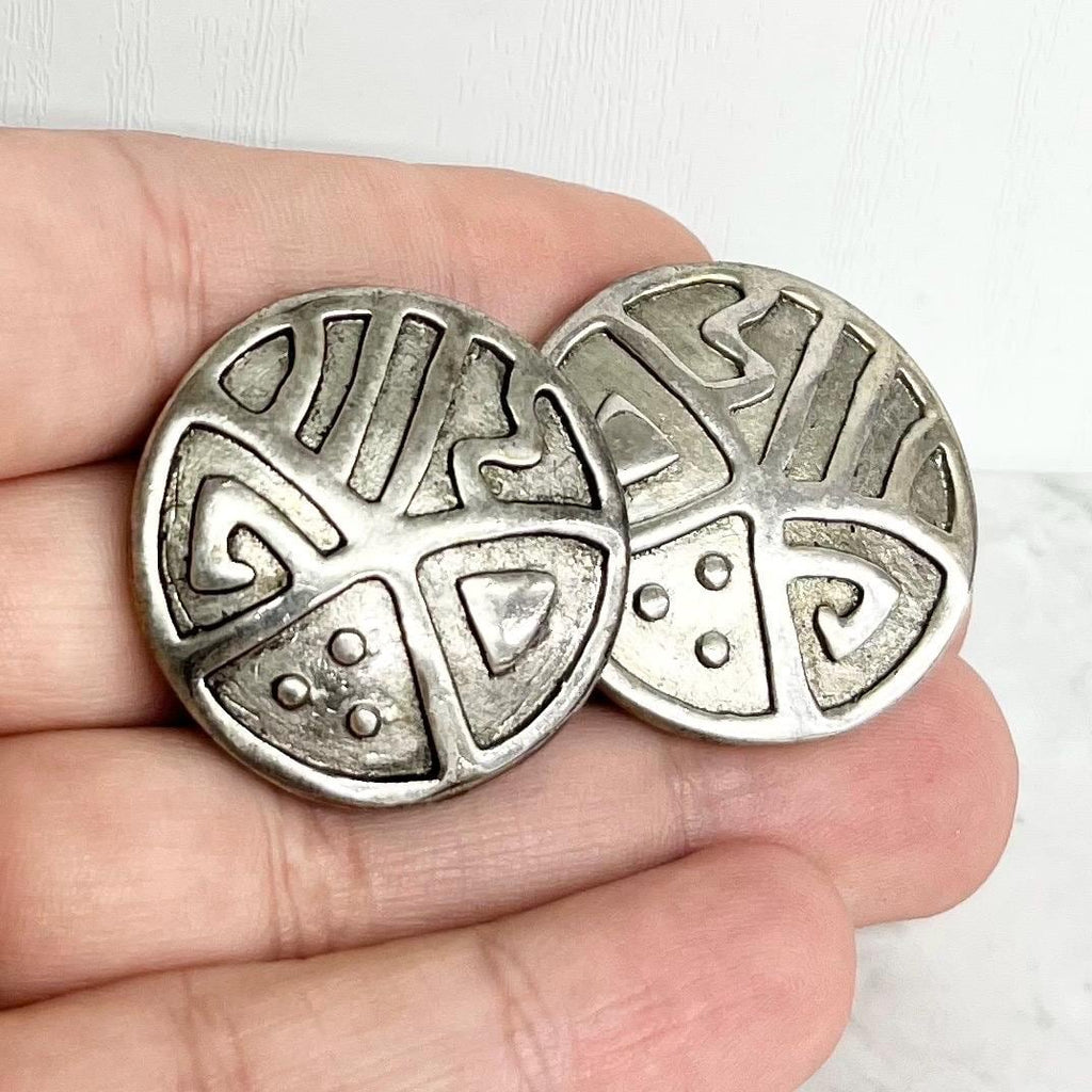 Vintage Silver Tone Round Etruscan / Modernist Style Clip On Earrings 1970’s - 1980’s MillyOliverVintage