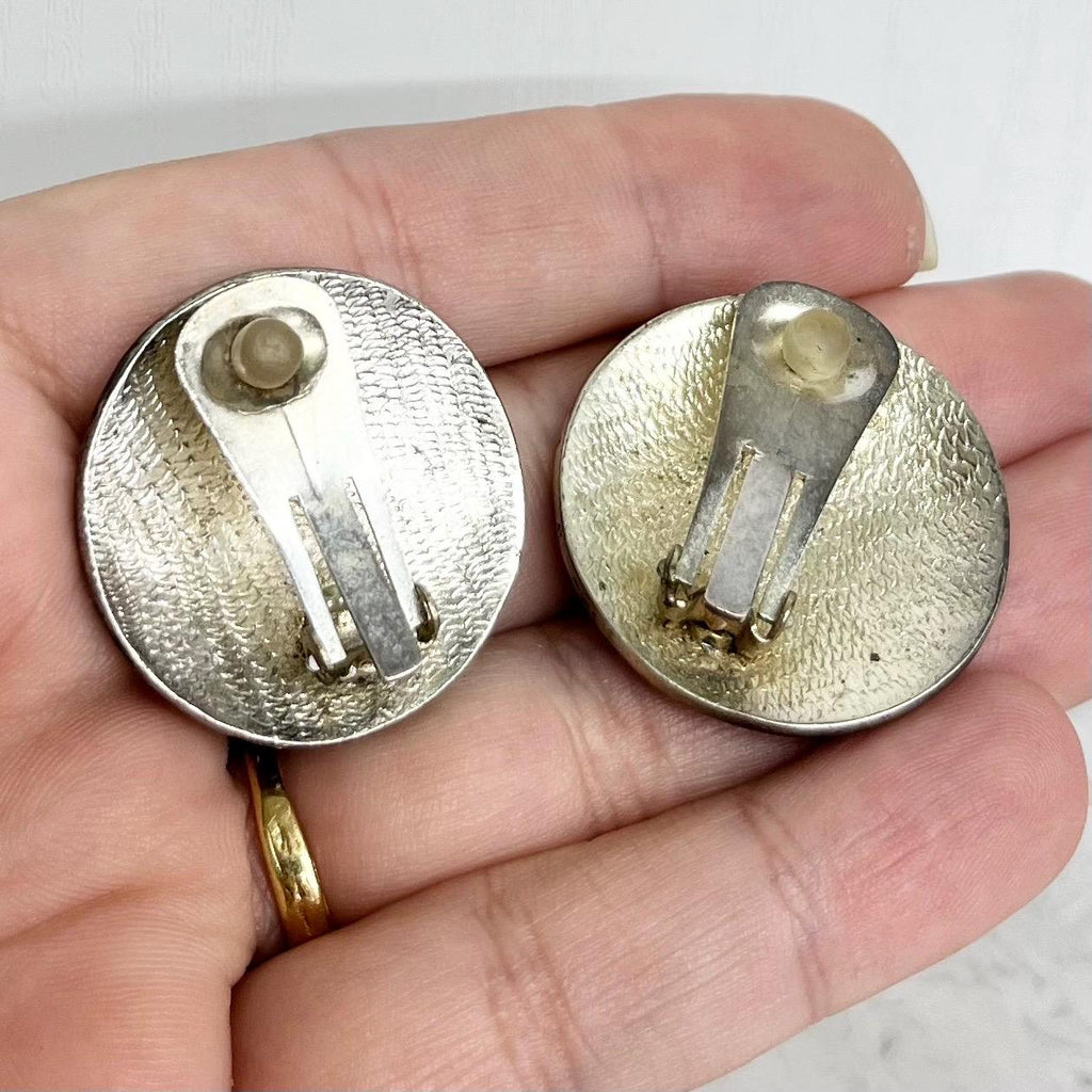 Vintage Silver Tone Round Etruscan / Modernist Style Clip On Earrings 1970’s - 1980’s MillyOliverVintage