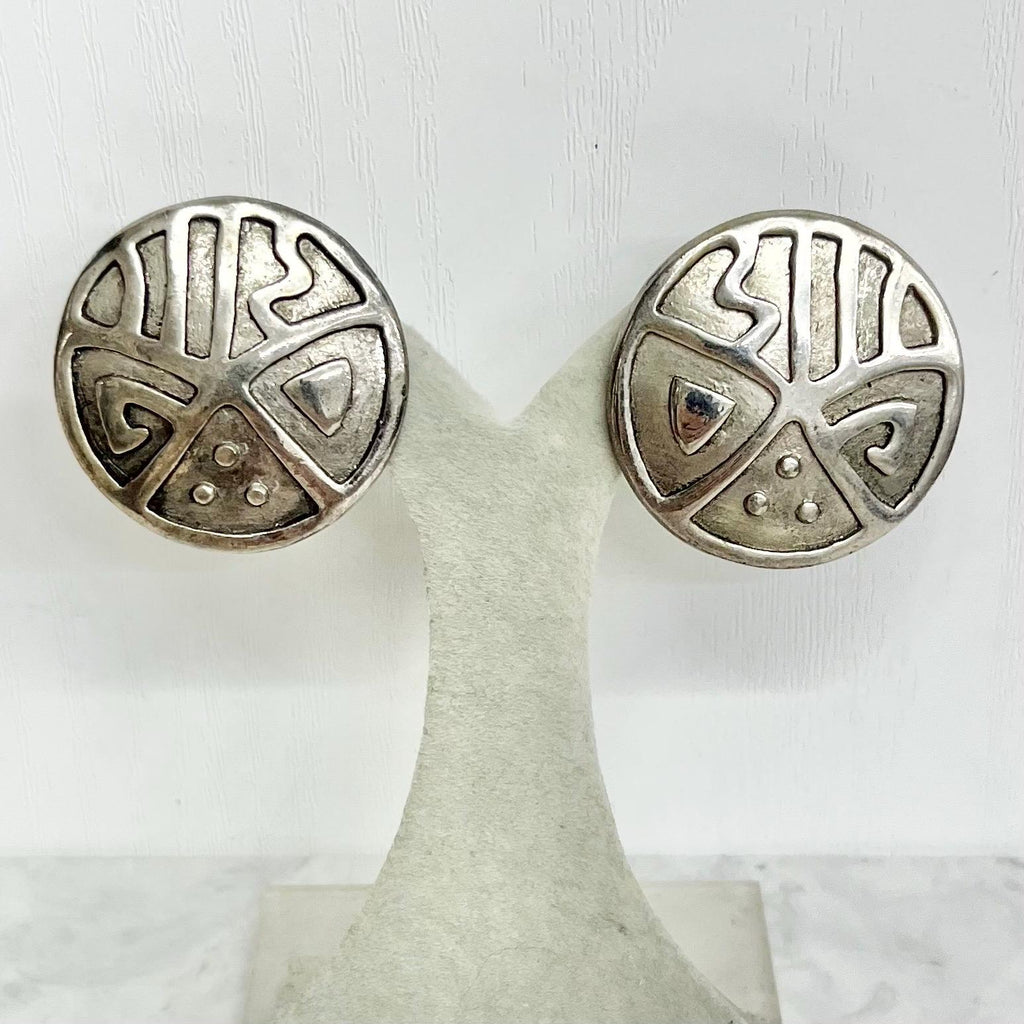 Vintage Silver Tone Round Etruscan / Modernist Style Clip On Earrings 1970’s - 1980’s MillyOliverVintage