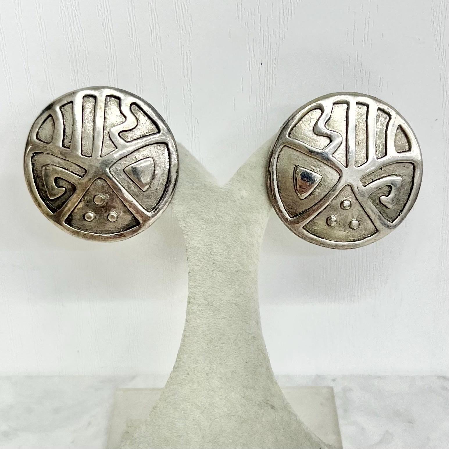 Vintage Silver Tone Round Etruscan / Modernist Style Clip On Earrings 1970’s - 1980’s MillyOliverVintage