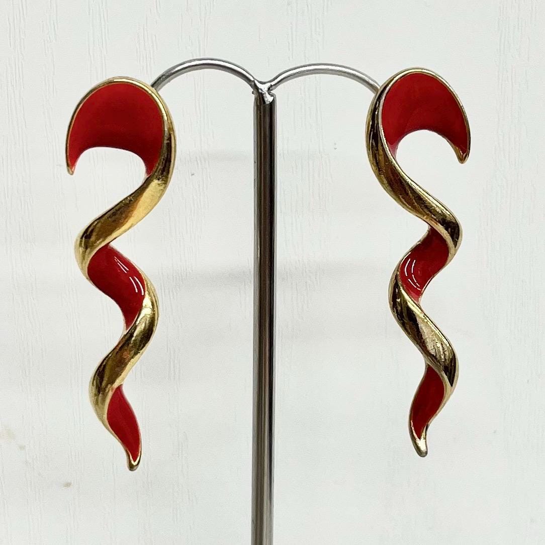 Vintage 1980’s Red Enamel Long Spiral Earrings in a Gold Plate Setting : for Pierced Ears MillyOliverVintage