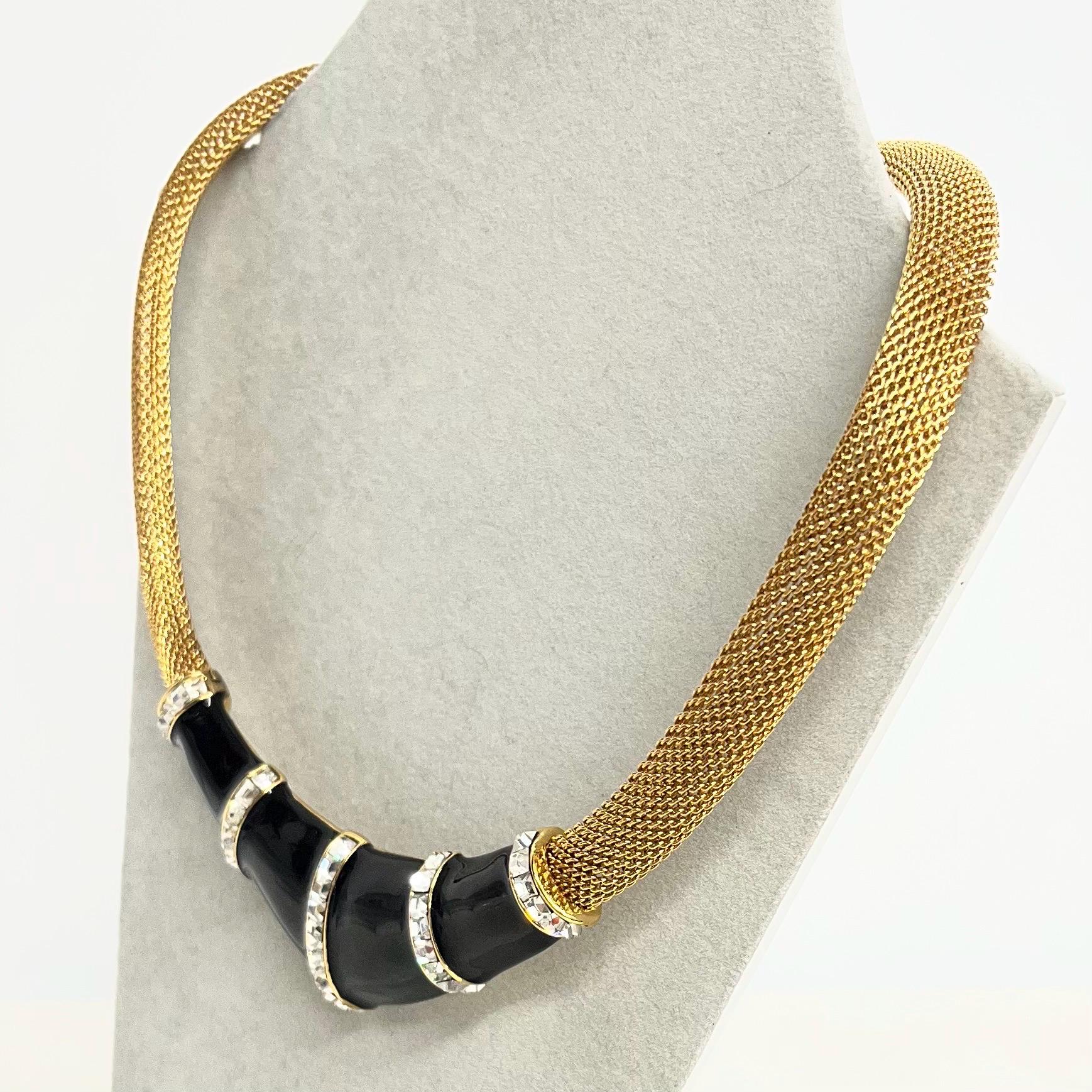 Vintage Oscar De La Renta Gold Plated Panther Black Enamelled Mesh Collar Necklace MillyOliverVintage
