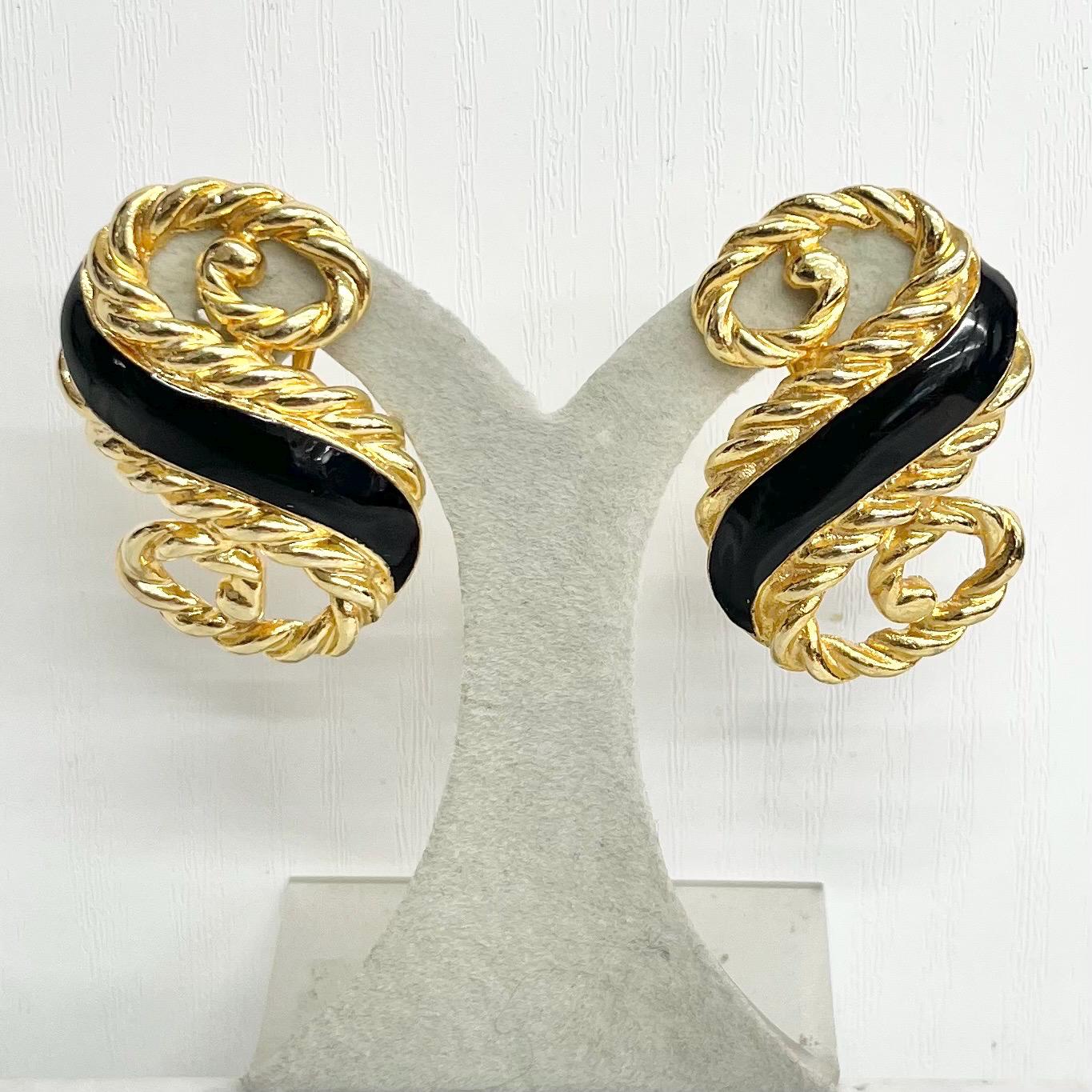 Vintage Oversized Black & Gold Clip On Earrings - S Shaped Chanel Style Statement Earrings MillyOliverVintage