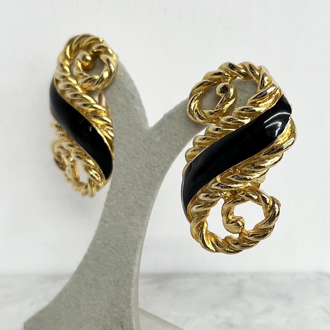 Vintage Oversized Black & Gold Clip On Earrings - S Shaped Chanel Style Statement Earrings MillyOliverVintage